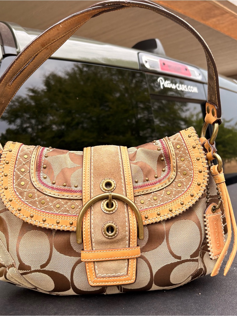 Coach Brown and Tan Signature Saddle Shoulder Bag with Stud Detail